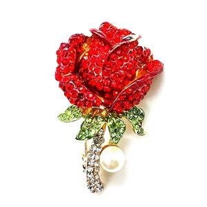 Red ROSE FLOWER with Pearl Brooch & PENDANT